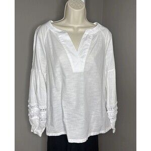 WHO WHAT WEAR 100% Cotton Tunic Top Crocheted Split Neck XS